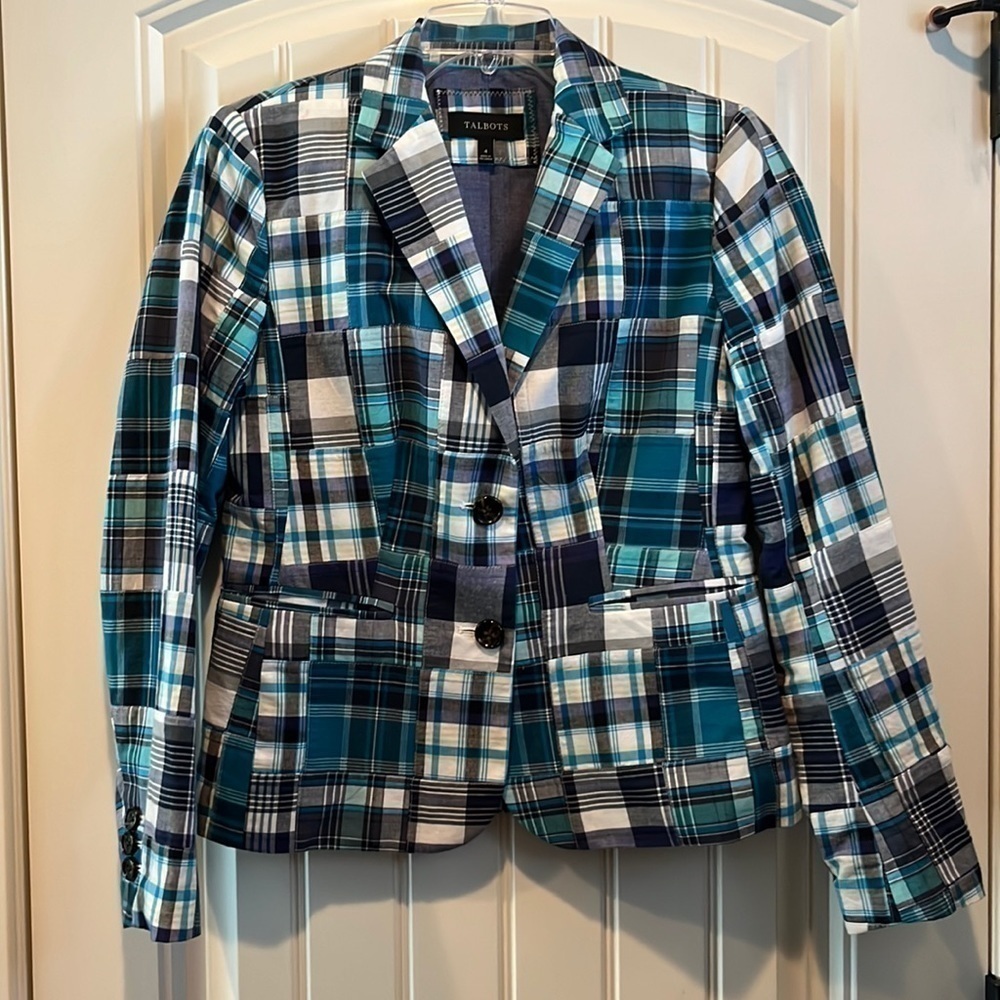 Talbots blue cotton patchwork plaid academic preppy blazer nautical coastal sz 4